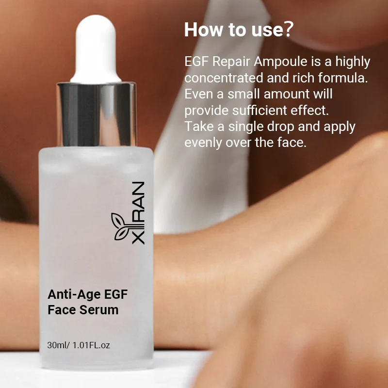 Xiran Anti-Age EGF Face Serum bottle next to usage instructions on a neutral background.